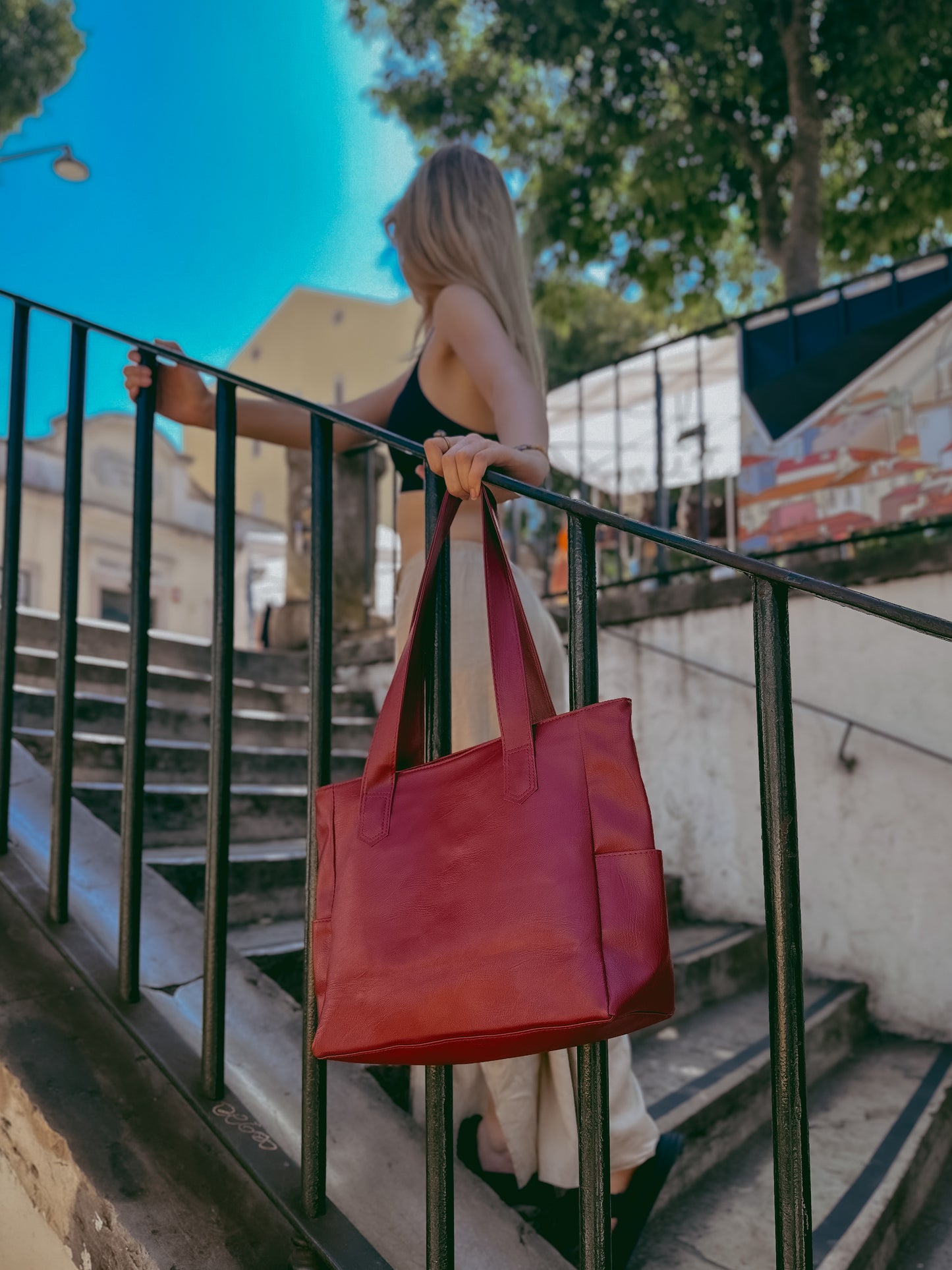 Faux Leather Tote Bag, Multi Pockets Large Handbag