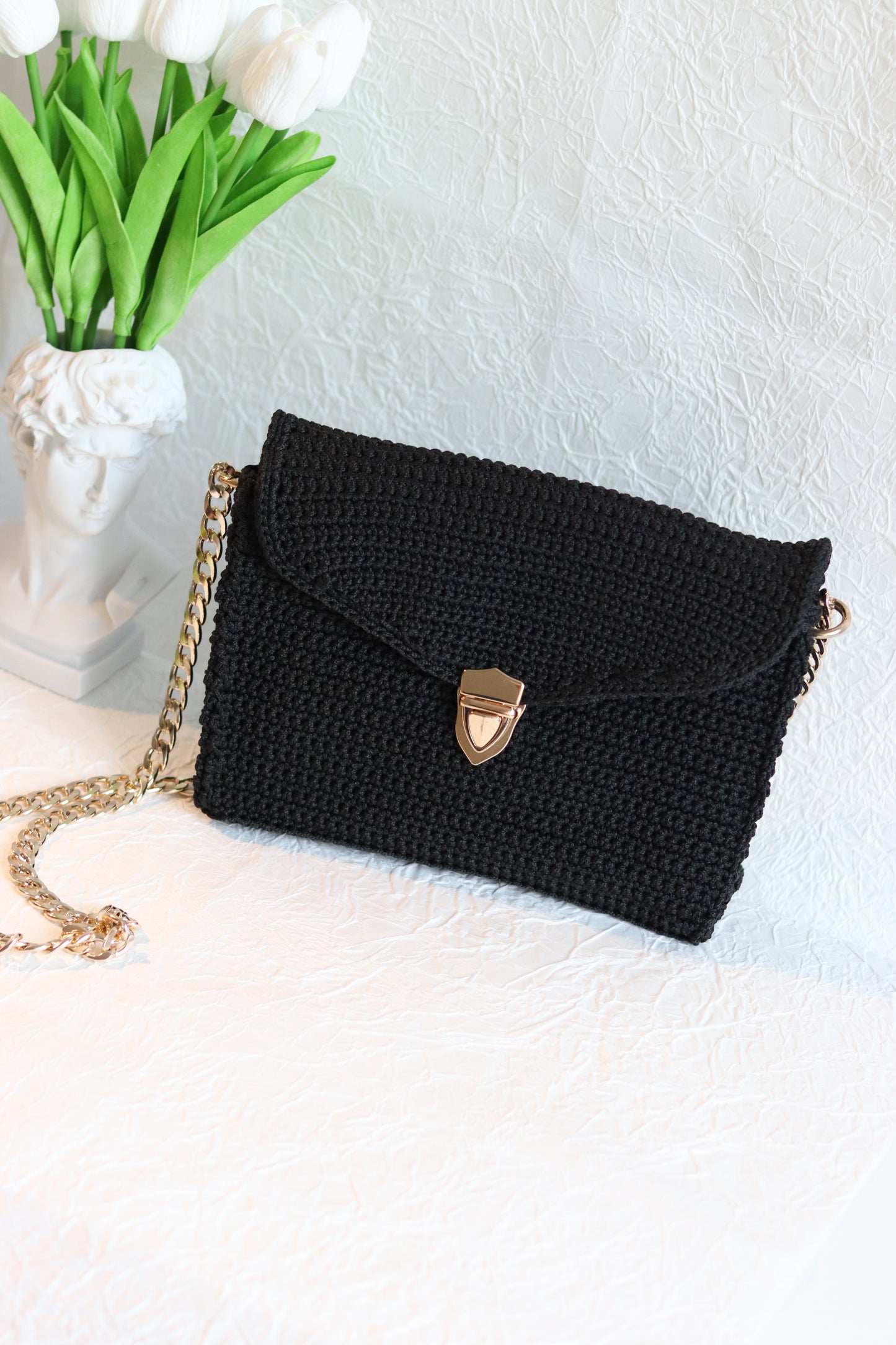 Luxurious Black Hand-Crocheted Bag with Elegant Gold Chain and Clasp | CLARA