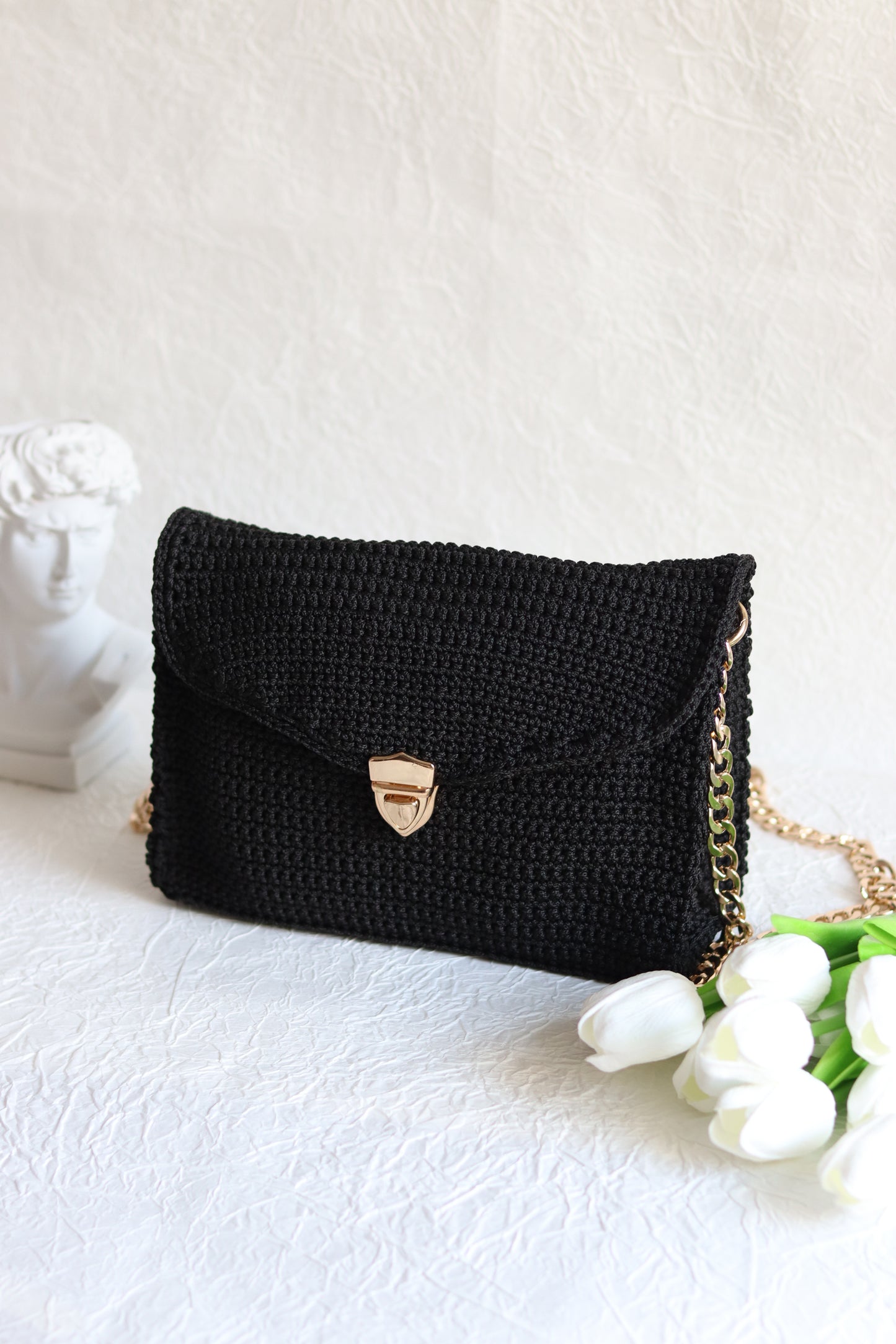 Luxurious Black Hand-Crocheted Bag with Elegant Gold Chain and Clasp | CLARA