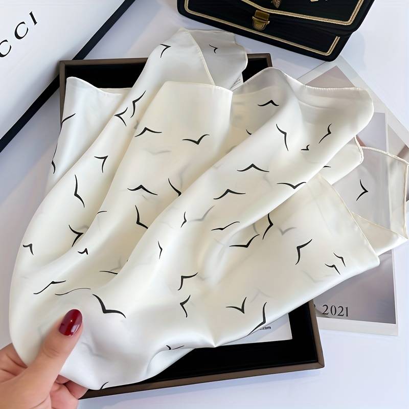 69.85cm Simple Seagull Printed Square Scarf, Stylish Imitation Silk Satin Shawl, Spring Autumn Thin Sunscreen Headscarf