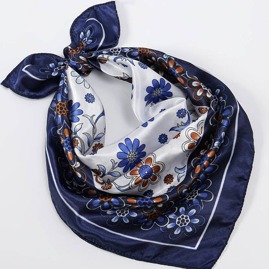 49.99cm Small Square Satin Scarf Flower Print Dark Blue Vintage Neckerchief Head Wrap Hair Accessories