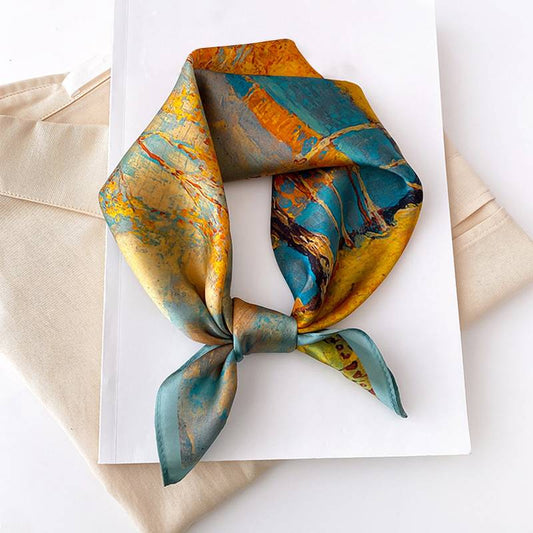 Tree Oil Painting Print Neckerchief Classic Imitation Silk Square Scarf Breathable Bandana Head Wrap Hair Accessories