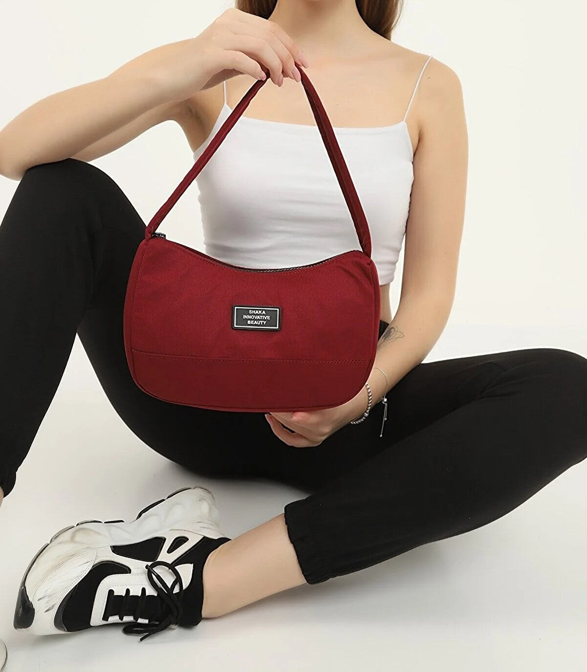 Burgundy I Casual Sports Baguette Canvas Fabric Women's Hand And Shoulder Bag With Single Zipper Compartment