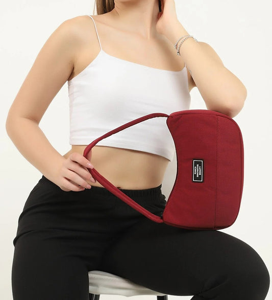 Burgundy I Casual Sports Baguette Canvas Fabric Women's Hand And Shoulder Bag With Single Zipper Compartment