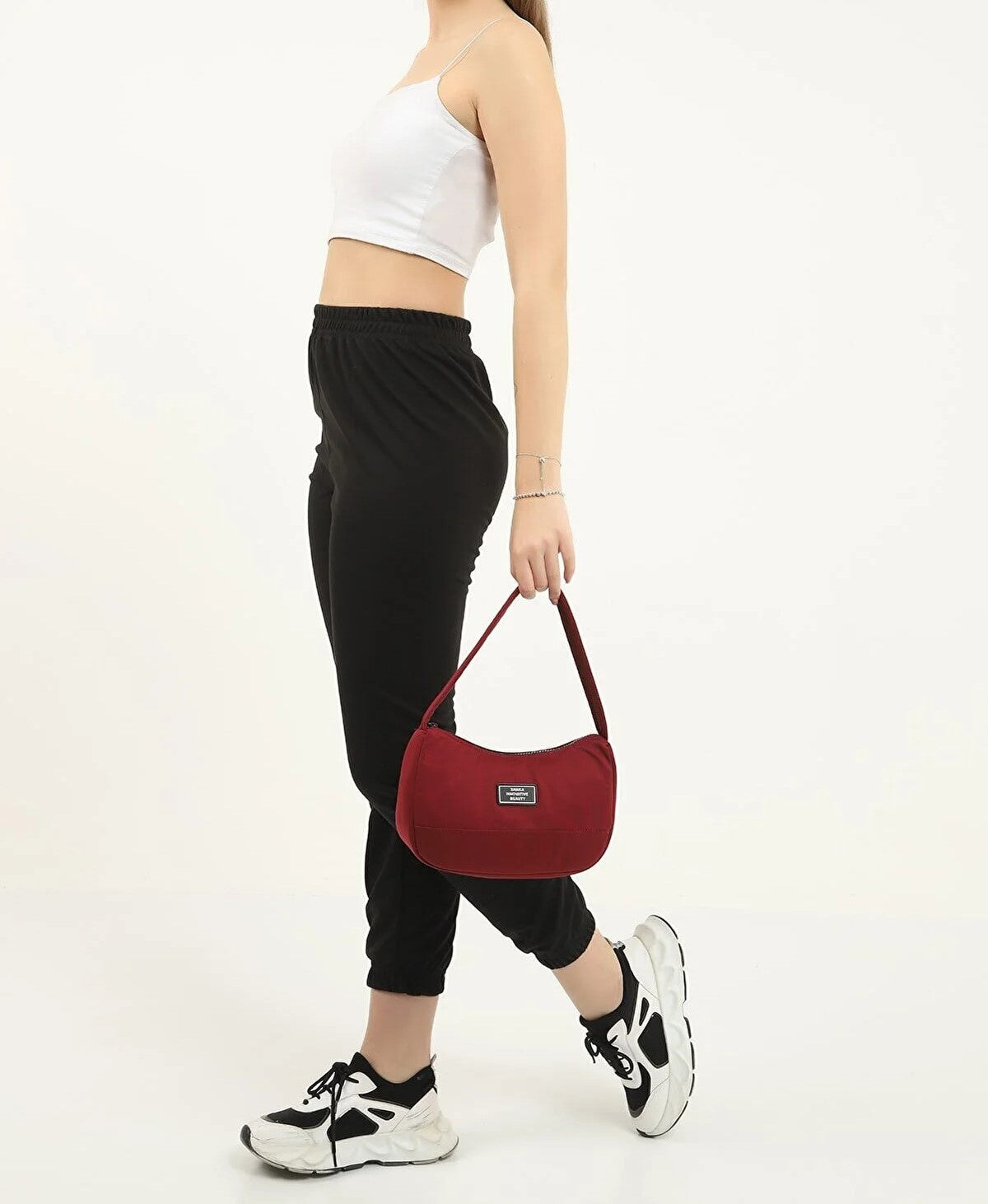 Burgundy I Casual Sports Baguette Canvas Fabric Women's Hand And Shoulder Bag With Single Zipper Compartment