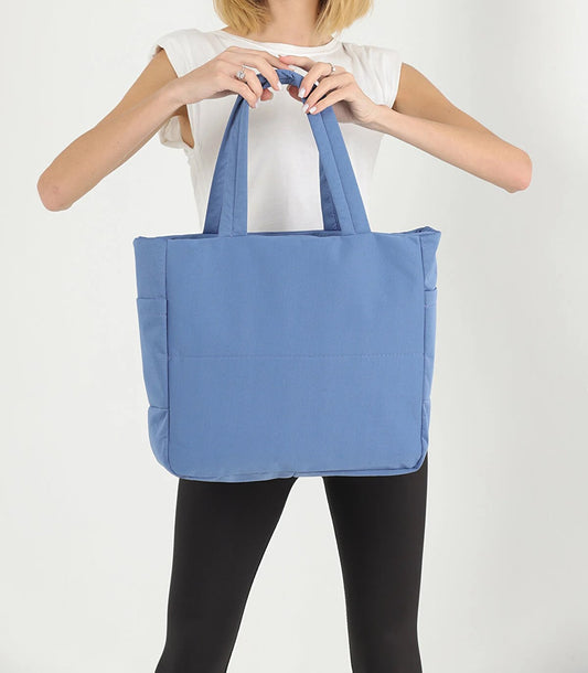 Blue I 3 Compartment Side 2 Pocket Detailed Canvas Women's Arm And Shoulder Bag With Zipper Closure