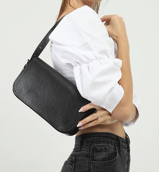 Faux Leather Baguette Bag With Black Lid