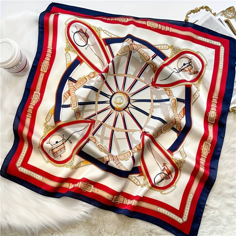 69.98cm Belt Print Square Scarf Simulated Silk Neck Scarf Elegant Style Sunscreen Headscarf For Women