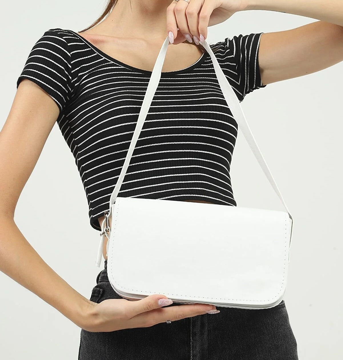 Faux Leather Baguette Bag With White Lid