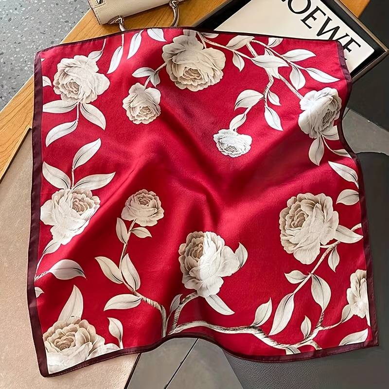 69.85cm Flower Printed Square Scarf Thin Satin Small Neck Scarf Boho Style Shirt Matching Decorative Scarf