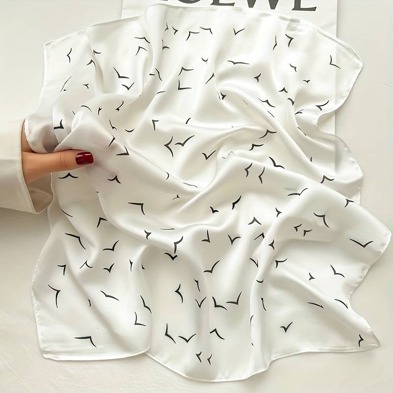 69.85cm Simple Seagull Printed Square Scarf, Stylish Imitation Silk Satin Shawl, Spring Autumn Thin Sunscreen Headscarf