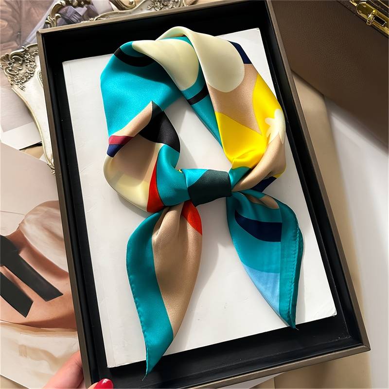 69.98cm Contrast Color Square Scarf Simulated Silk Thin Smooth Neck Scarf Elegant Style Sunscreen Head Wrap For Women