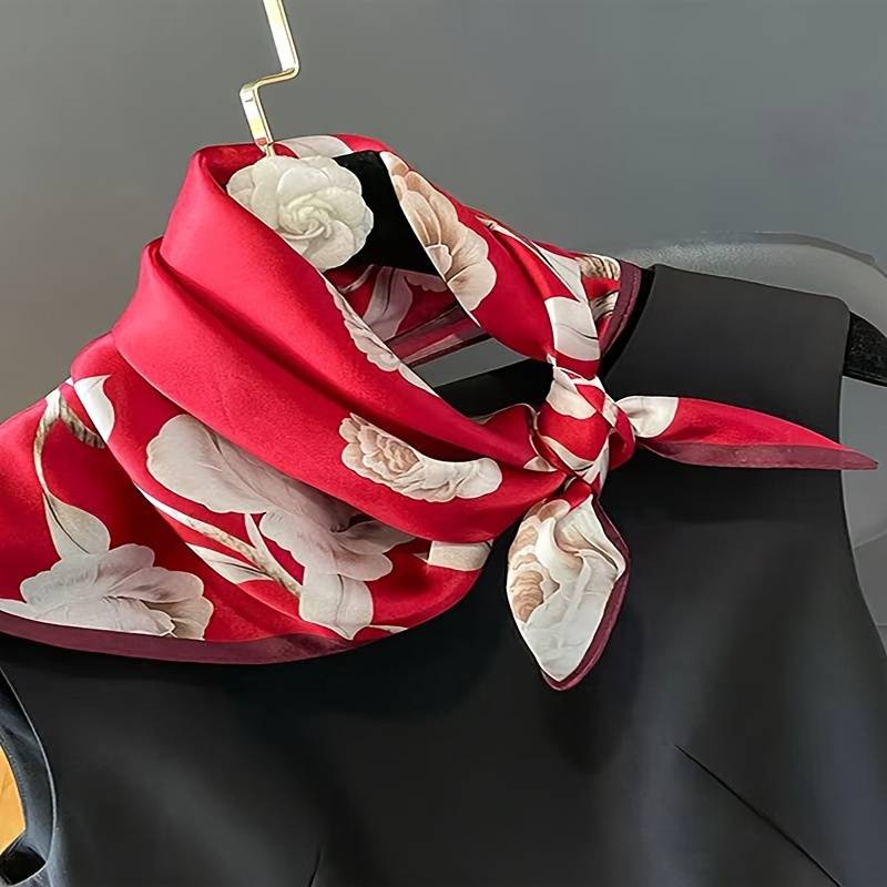 69.85cm Flower Printed Square Scarf Thin Satin Small Neck Scarf Boho Style Shirt Matching Decorative Scarf