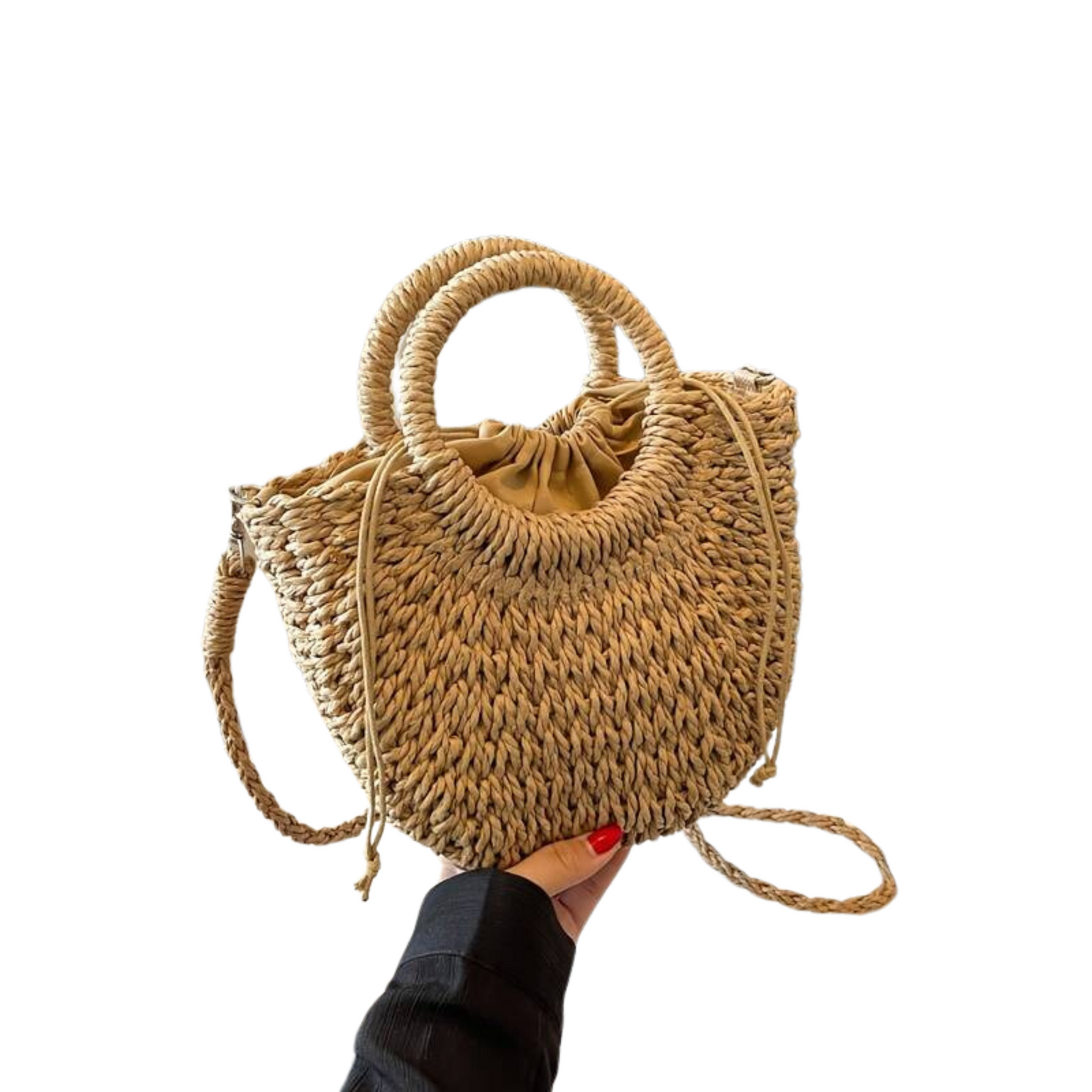 Woven Half-moon Bag, Women's Solid Color Summer Beach Tote Bag With Drawstring, Leisure Travel Crossbody Bag For Vacation