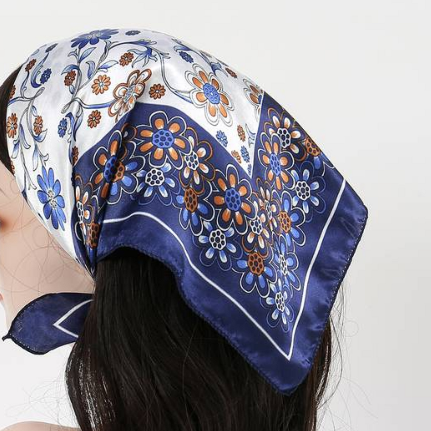 49.99cm Small Square Satin Scarf Flower Print Dark Blue Vintage Neckerchief Head Wrap Hair Accessories