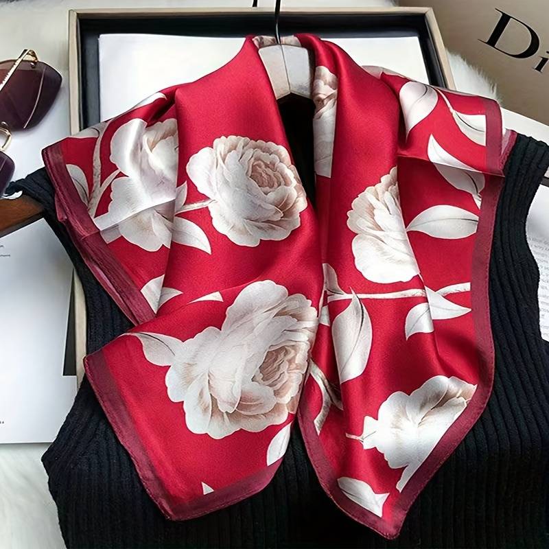 69.85cm Flower Printed Square Scarf Thin Satin Small Neck Scarf Boho Style Shirt Matching Decorative Scarf