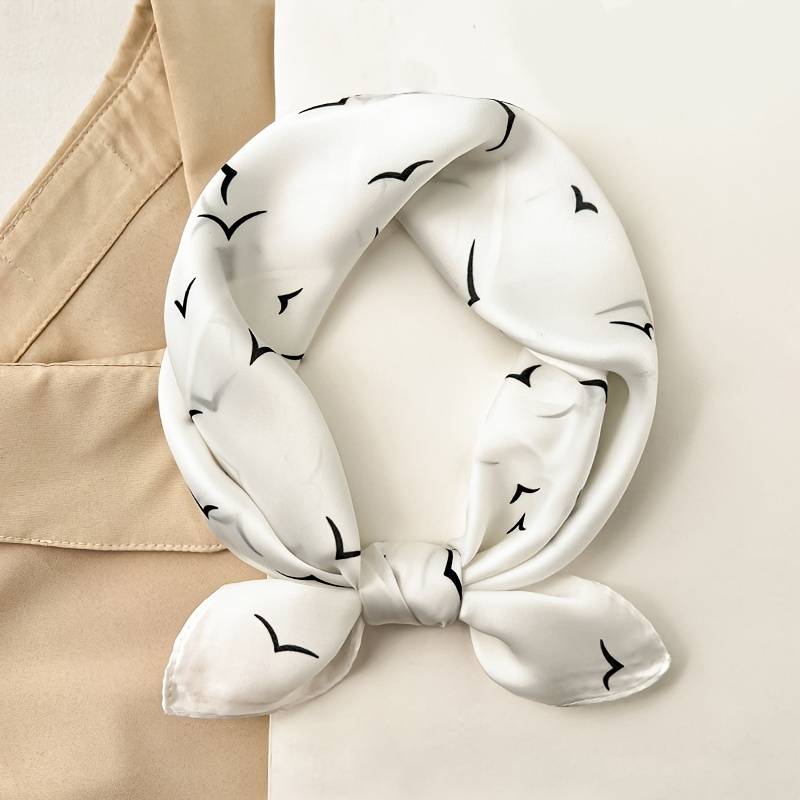 69.85cm Simple Seagull Printed Square Scarf, Stylish Imitation Silk Satin Shawl, Spring Autumn Thin Sunscreen Headscarf