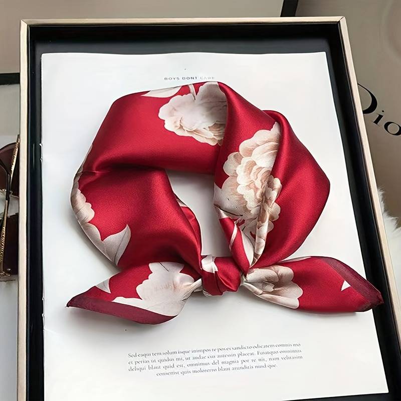 69.85cm Flower Printed Square Scarf Thin Satin Small Neck Scarf Boho Style Shirt Matching Decorative Scarf