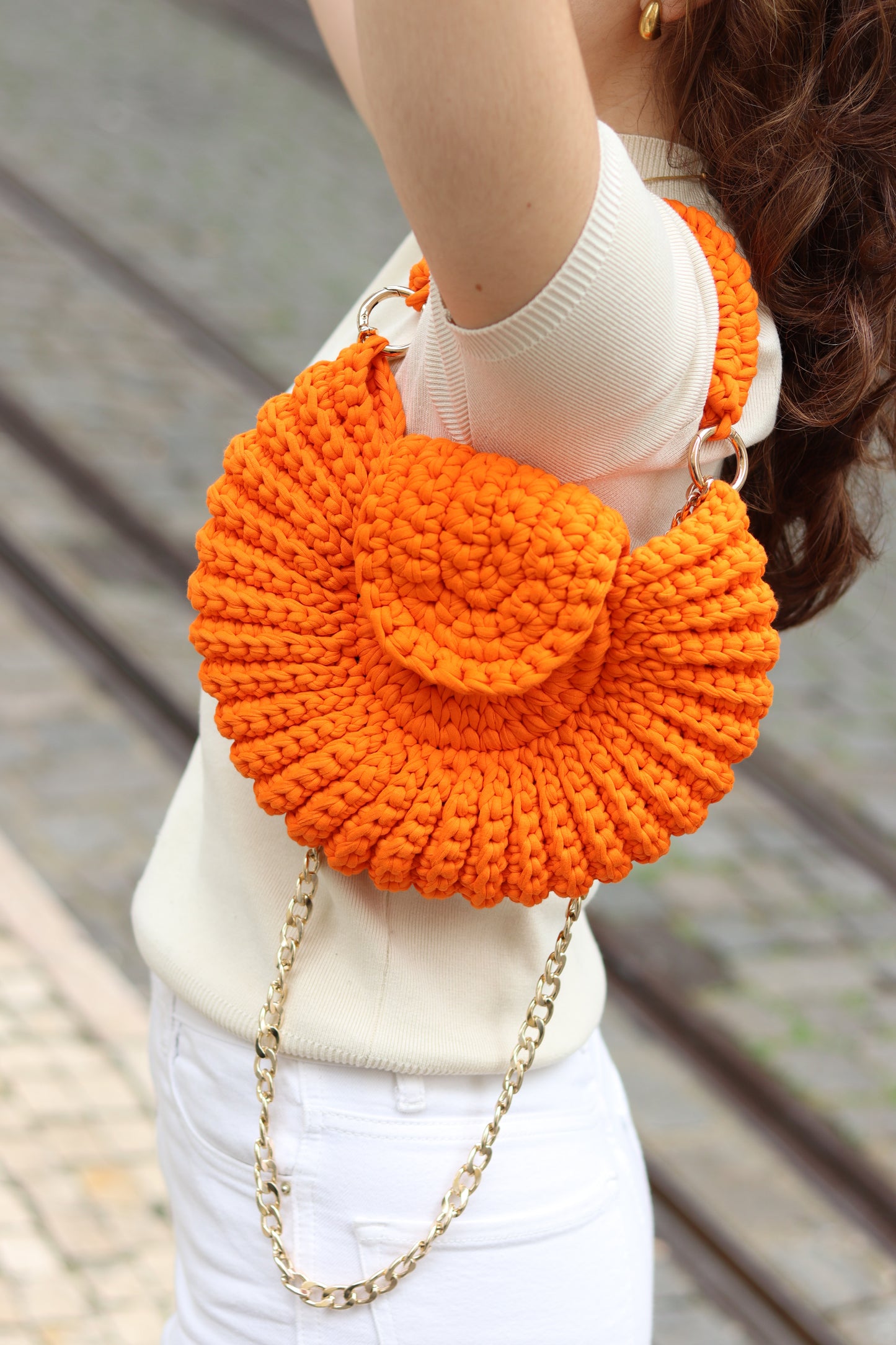 Handmade Crochet Round Bag in Cotton Thread, Elegant Orange Clutch, Everyday Handbag, Evening Bag, Gift for Women