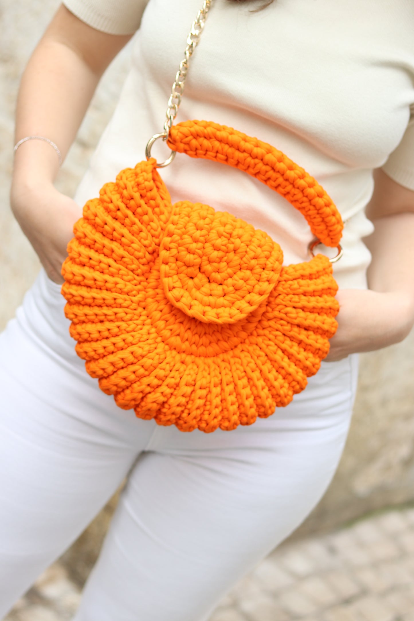 Handmade Crochet Round Bag in Cotton Thread, Elegant Orange Clutch, Everyday Handbag, Evening Bag, Gift for Women