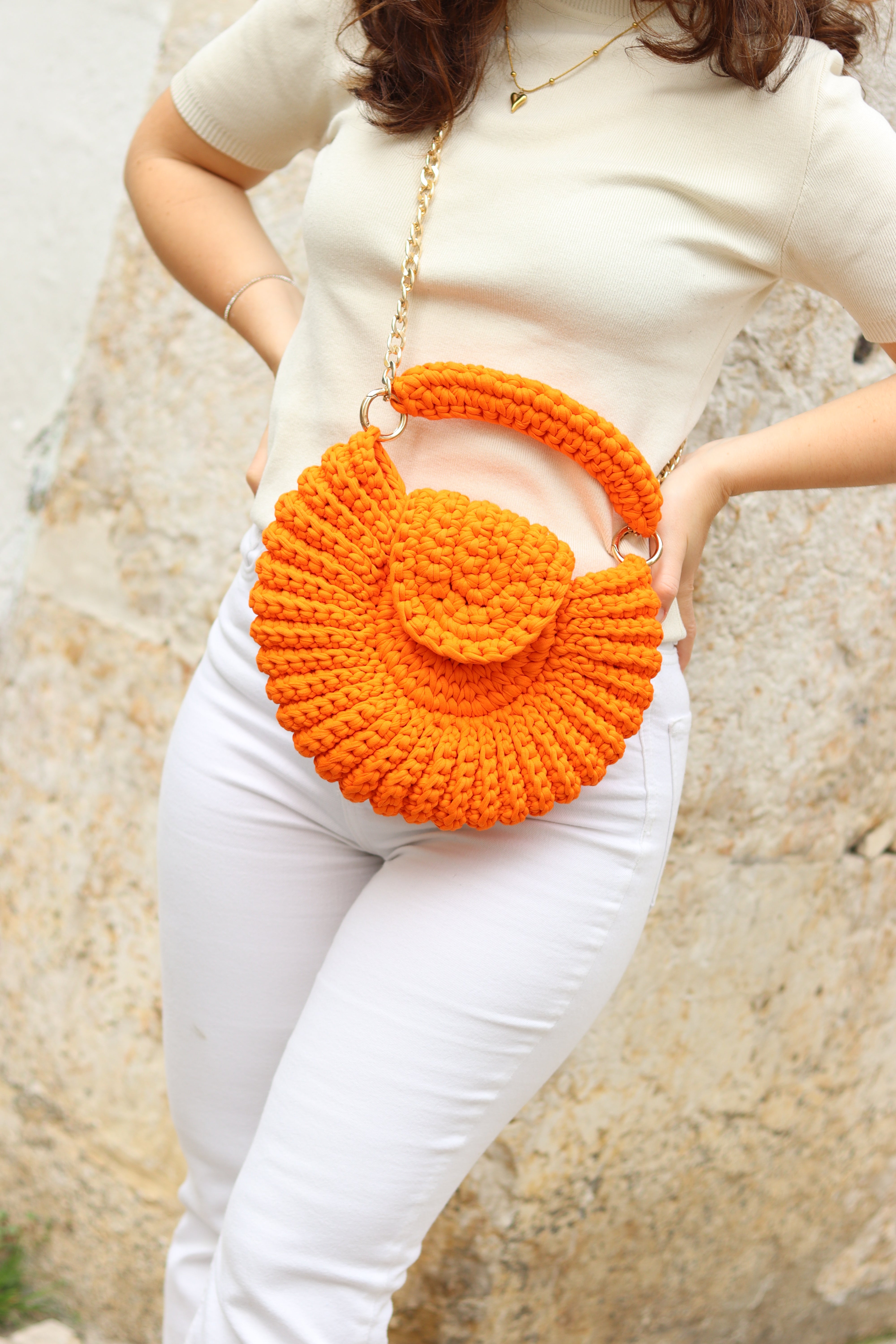 Beautiful unique handmade orange stylish crochet bobble handbag purse/clutch/shoulder selling bag with matching crochet handle