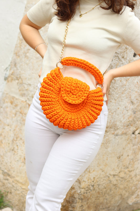 Handmade Crochet Round Bag in Cotton Thread, Elegant Orange Clutch, Everyday Handbag, Evening Bag, Gift for Women