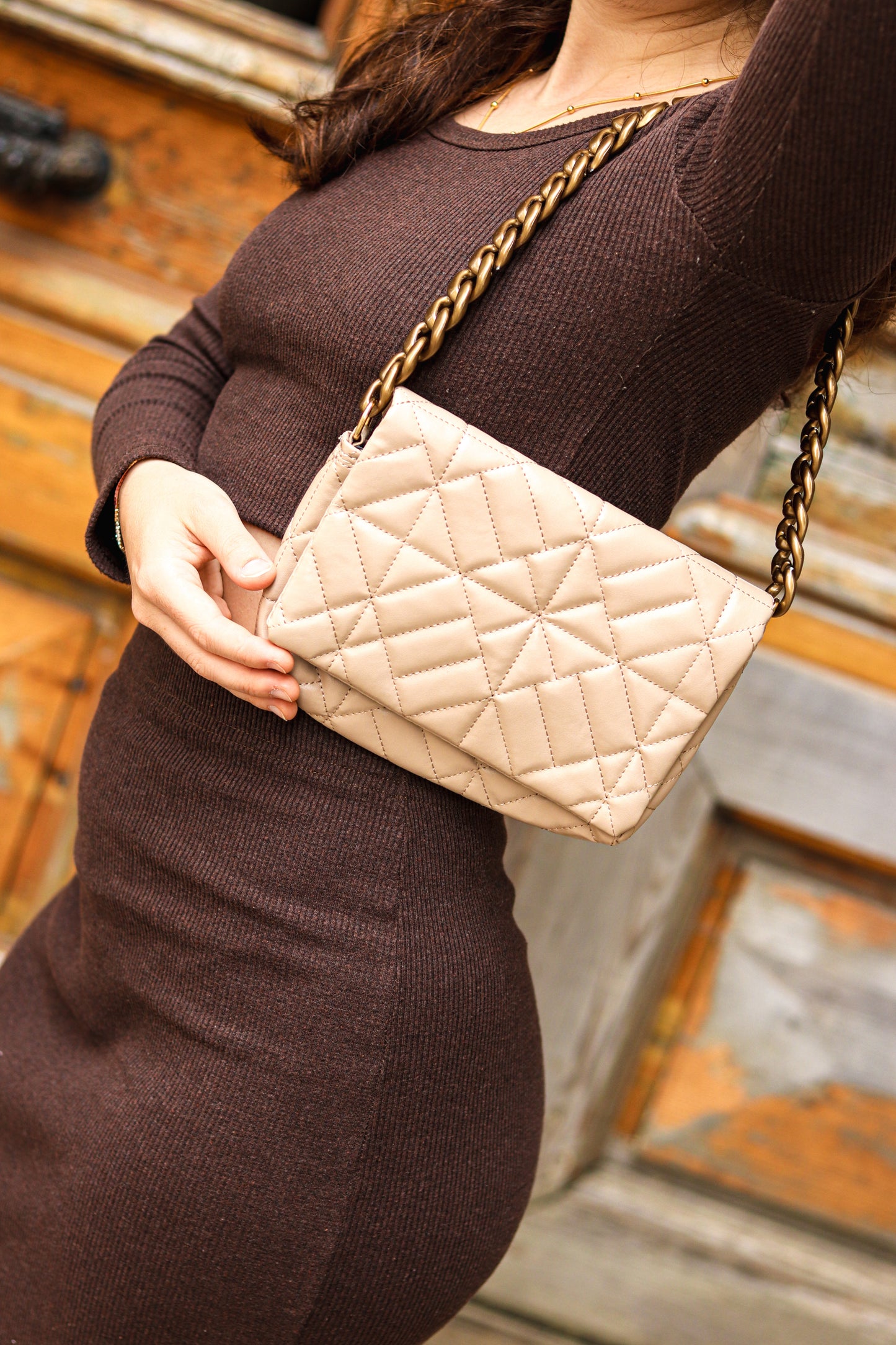 Cream I Single Compartment Quilted Casual Women's Hand And Shoulder Bag With Chain Strap