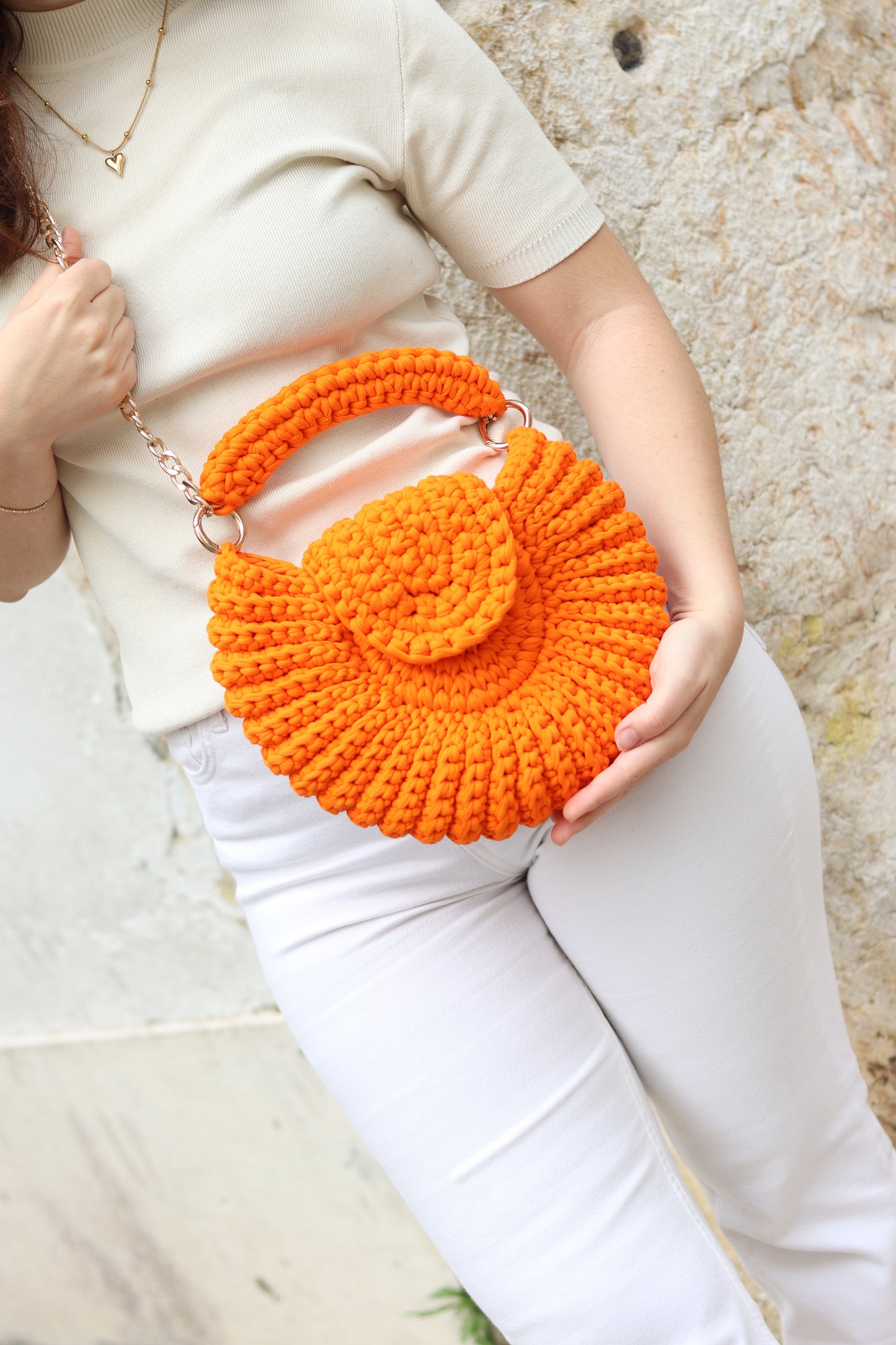 Handmade Crochet Round Bag in Cotton Thread, Elegant Orange Clutch, Everyday Handbag, Evening Bag, Gift for Women