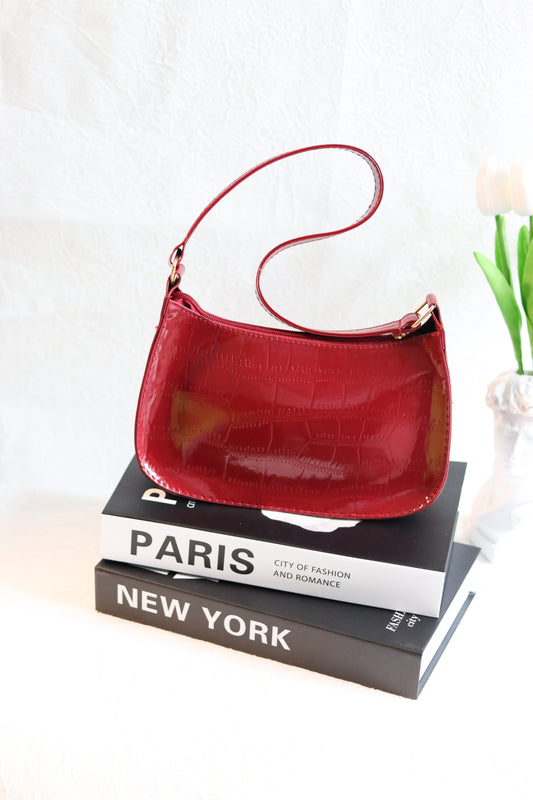 Trendy Glossy Shoulder Bag, Women Patent PU Leather Handbag, Simple Solid Color Underarm Purse, Stone Pattern Burgundy