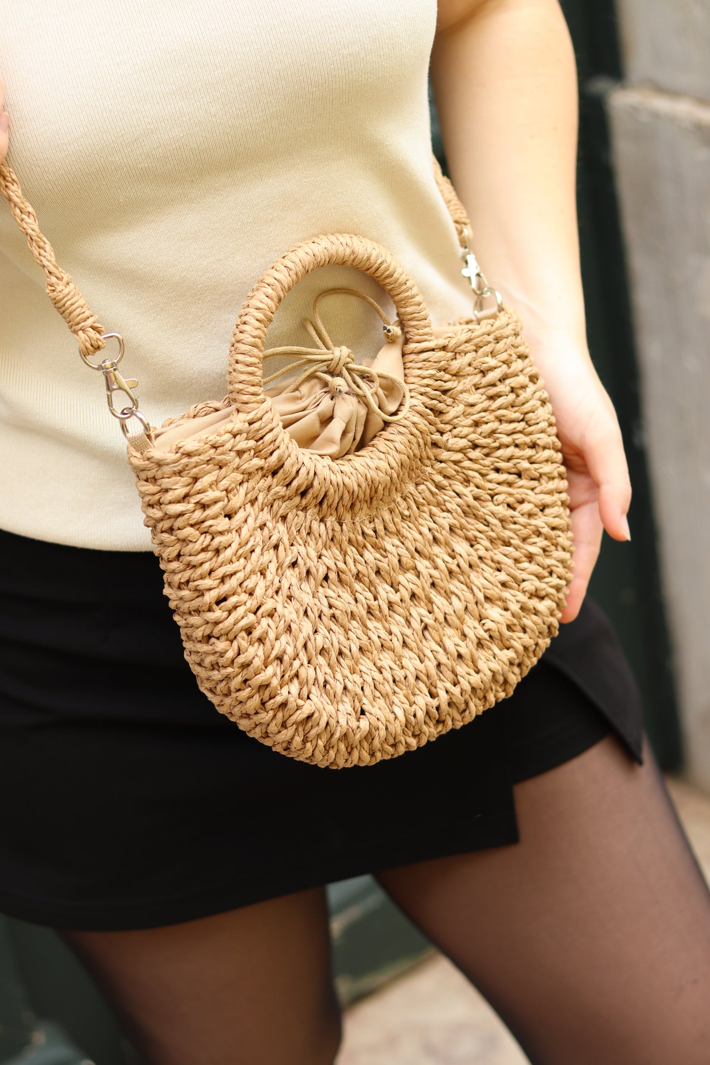 Woven Half-moon Bag, Women's Solid Color Summer Beach Tote Bag With Drawstring, Leisure Travel Crossbody Bag For Vacation