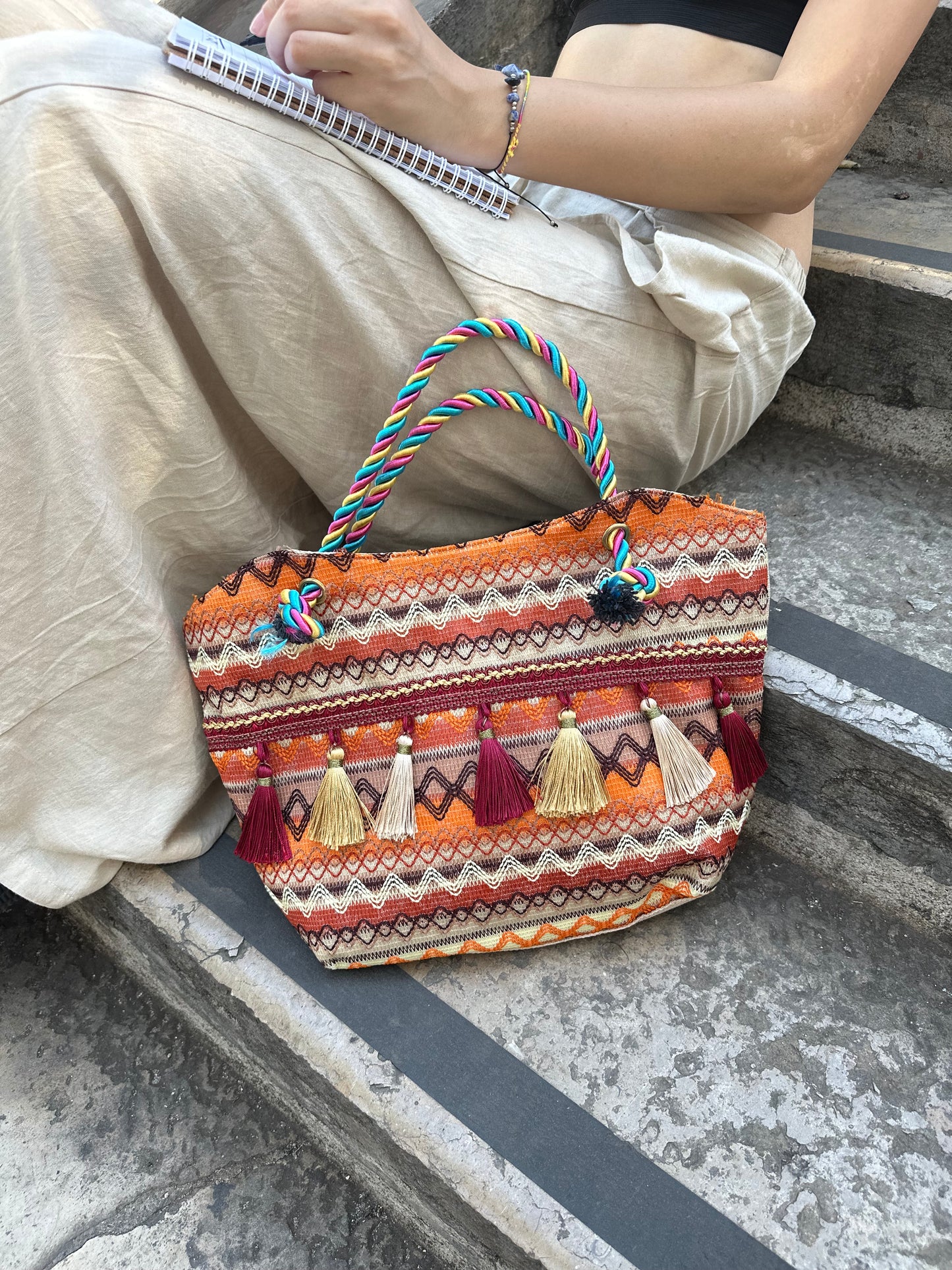 Ethnic Style Canvas Tote Bag, Bohemian Tassel Shoulder Bag,