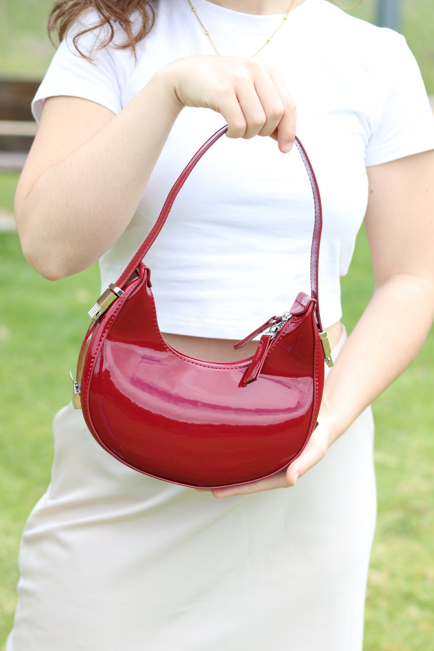 Fashion Simple Crescent Cherry Bag, Trendy Shoulder Hobo Bag, Women's Glossy Handbag & Underarm Purse