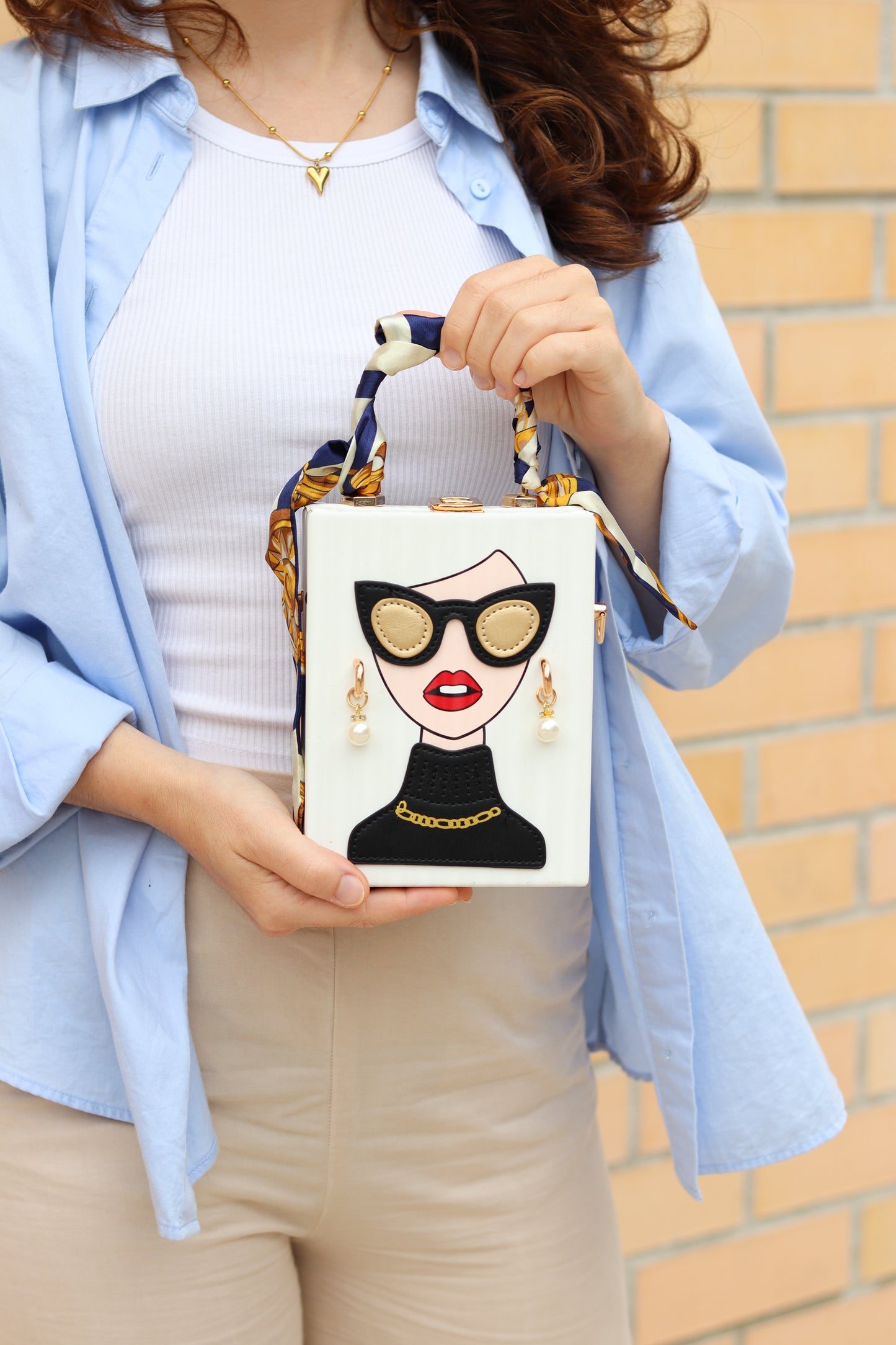 Novelty Lady Face Handbag, Trendy Chain Crossbody Bag, Top Handle Box Square Purse For Women