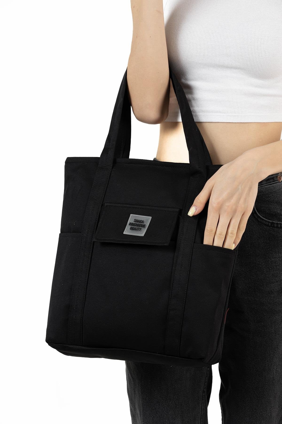 Black I 4 Compartment Zipper Canvas Fabric Casual Women's Arm And Shoulder Bag